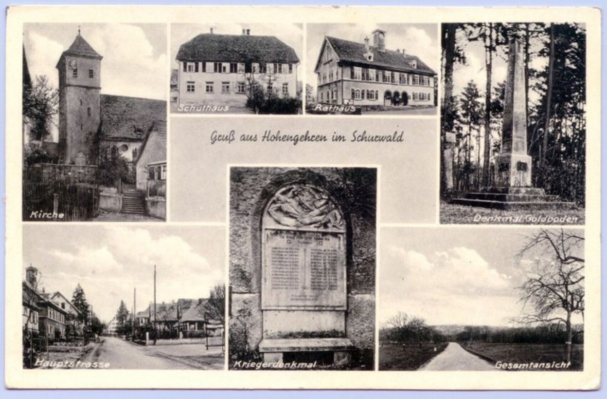 Historisches Foto von Hohengehren - links oben Kirche, mittig oben Schulhaus und Rathaus, rechs oben Denkmal Goldboden, links unten Hauptstraße, mittig unten Kriegerdenkmal, rechts unten Gesamtansicht (Feldweg)