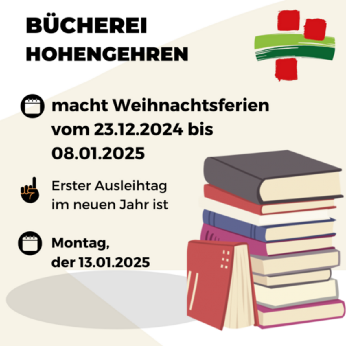 Information zu den Weihnachtsferien 2024/25 in der Bücherei Hohengehren