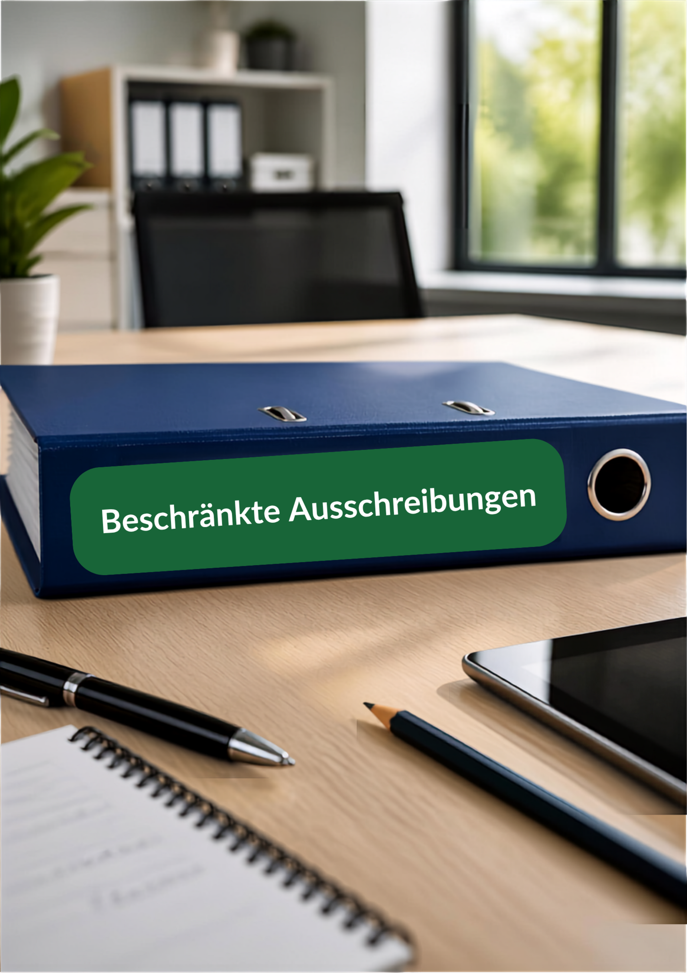 Blauer Ordner mit grünem Rückenschild und weißer Aufschrift für Beschränkte Ausschreibungen auf einem Tisch liegend