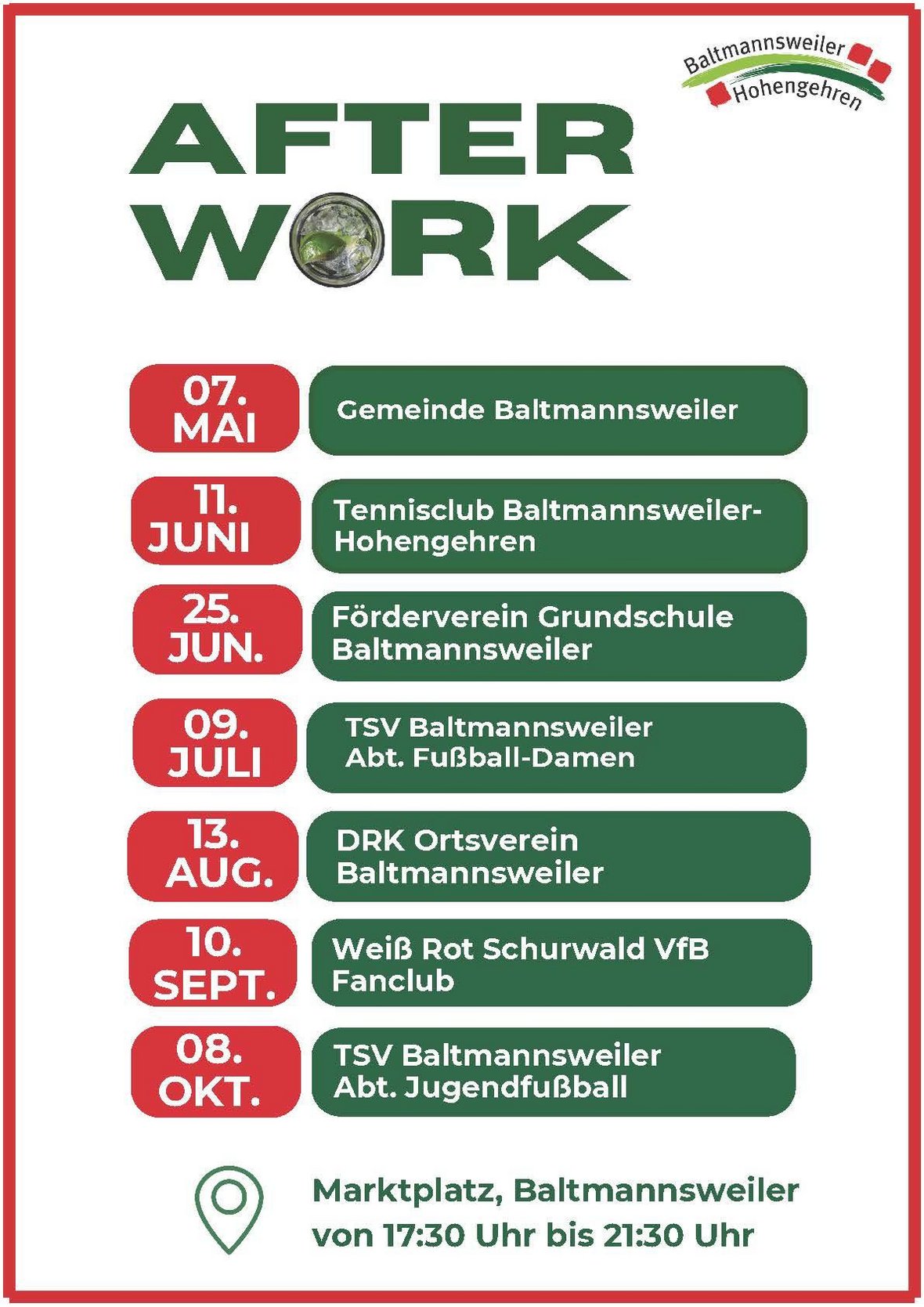 Terminübersicht für 2026 After Work Reihe in Baltmannsweiler auf dem Marktplatz