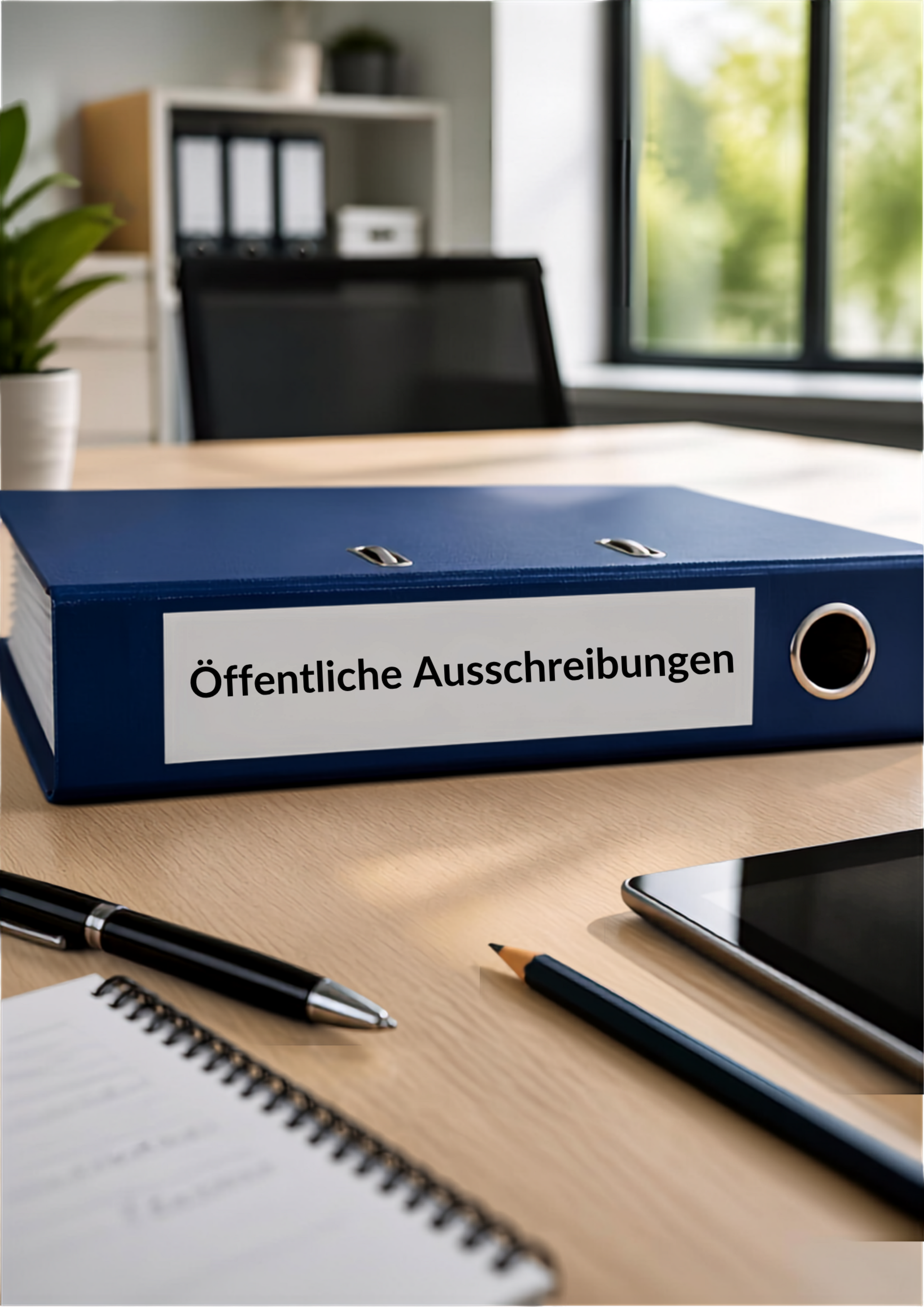 Blauer Ordner mit Stiften auf einem Tisch liegend mit dem Aufdruck Öffentliche Ausschreibungen