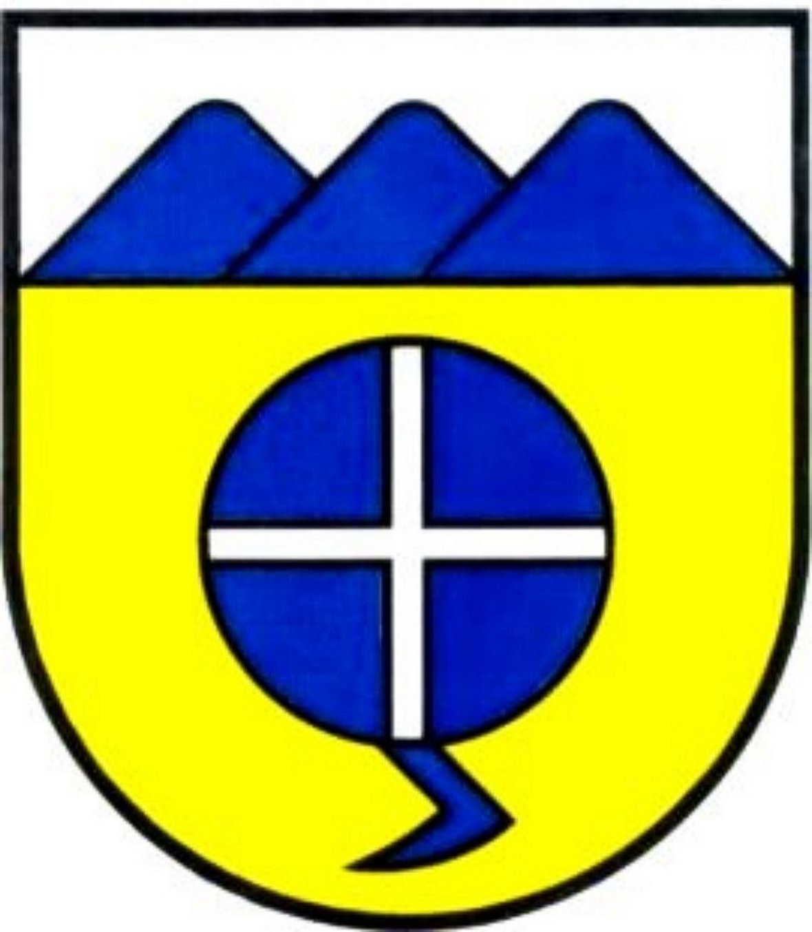 Wappen der Gemeinde Baltmannsweiler - Unter silbernem (weißem) Schildhaupt darin drei gestaffelt, durchgehend blaue Berge in Gold (gelb), darunter eine blaue Scheibe, belegt mit einem silbernem (weißen) Leistenkreuz, unten anhängend ein blauer Haken.