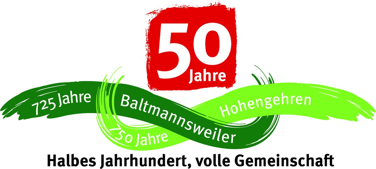 Jubiläumslogo: 50 Jahre in einem roten Viereck, darunter eine dunkelgrüne und eine hellgrüne Linie, die zusammen ein Unendlichkeitzeichen andeuten, in der von links kommenden dunkelgrünen Linie steht 725 Jahre Baltmannsweiler, auf der von rechts kommenden hellgrünen Linie steht 750 Jahre Hohengehren; unter allem steht Halbes Jahrhundert, volle Gemeinschaft