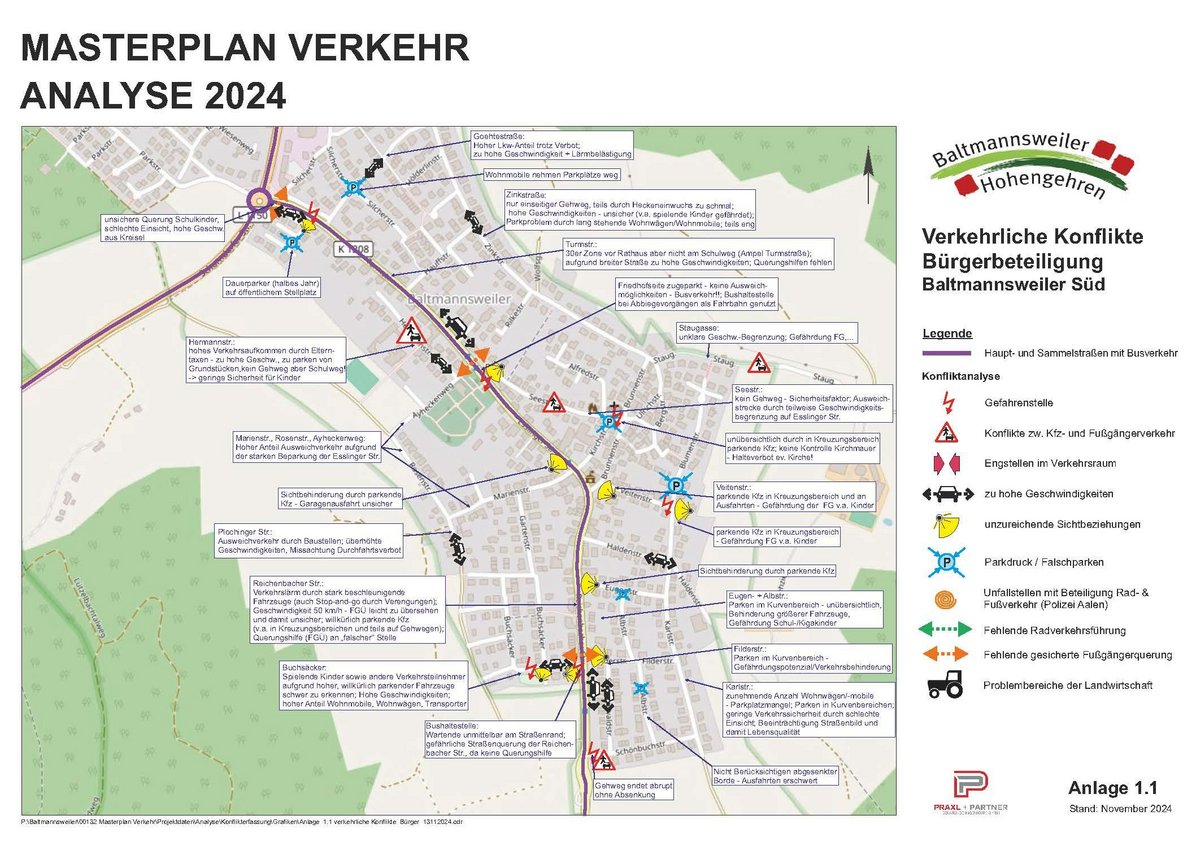 Ergebnis Umfrage Masterplan Verkehr  - Karte Baltmannsweiler mit allen analysierten Stellen