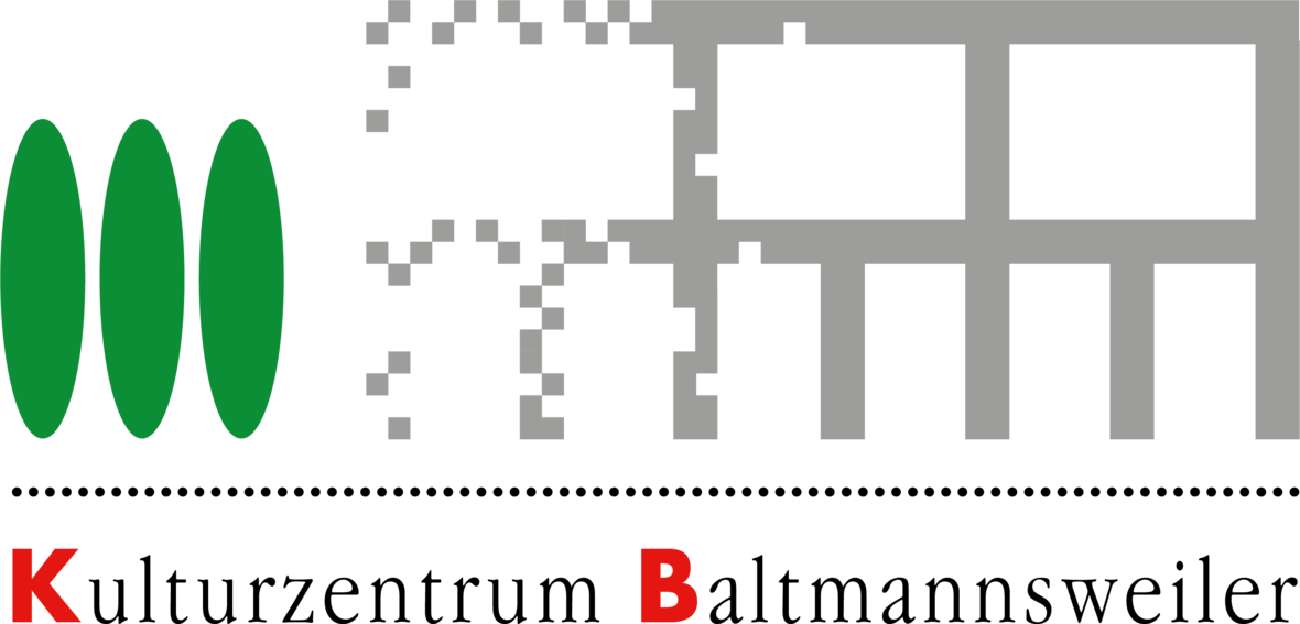 Logo Kulturzentrum Baltmannsweiler mit  3 grünen ovalen Säulen, einem grauen Rahmen und rotem Schriftzug